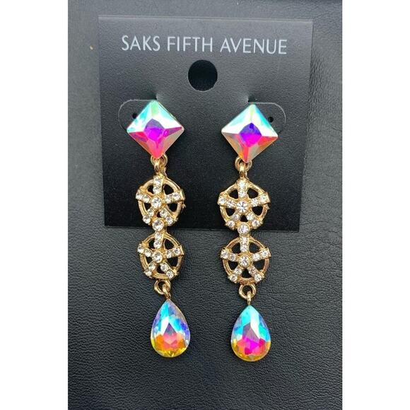 New Saks Fifth Avenue Aurora Borealis Clear Rhinestone Dangle Pierced Earrings - Picture 2 of 4